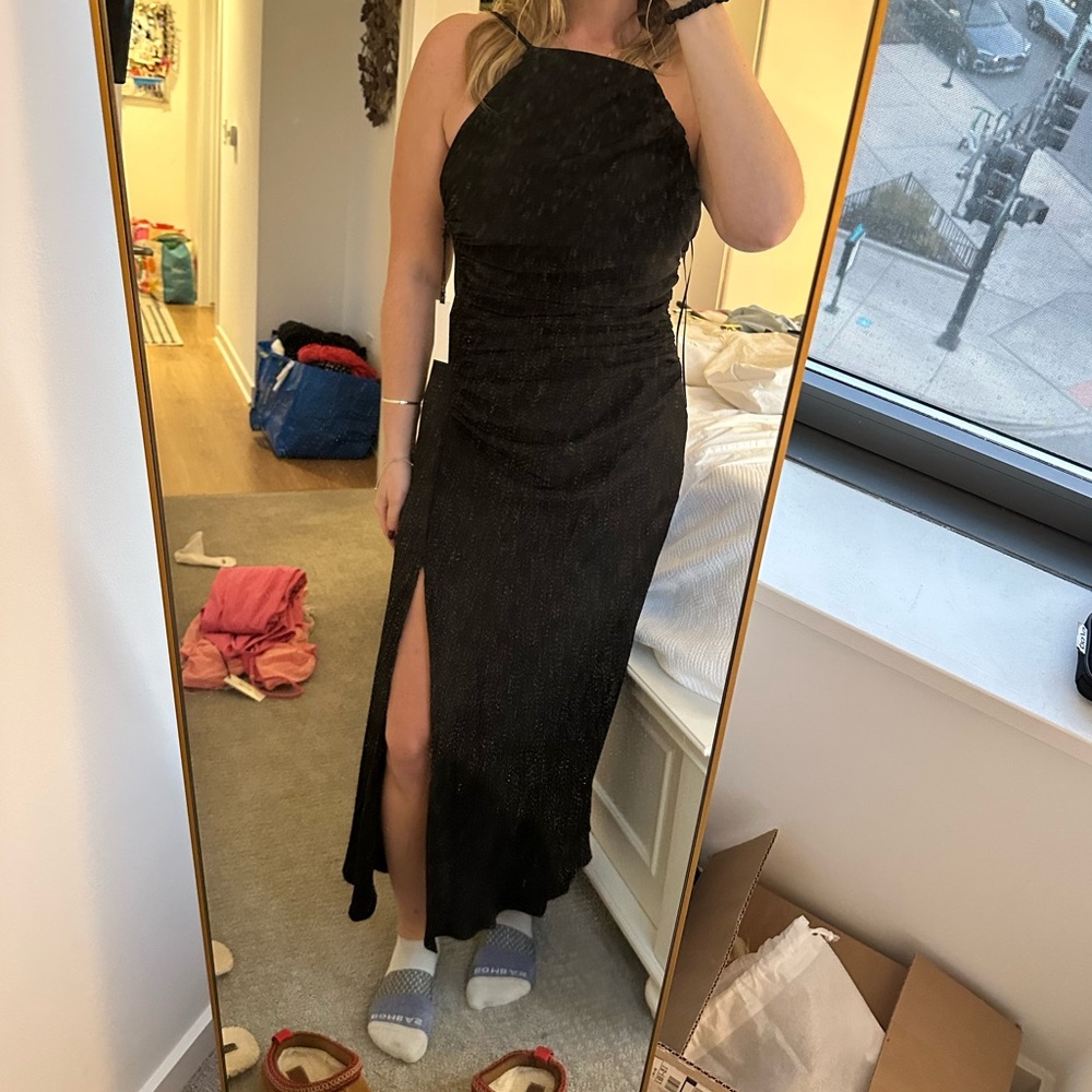 ASTR BLACK SILK MIDI DRESS
